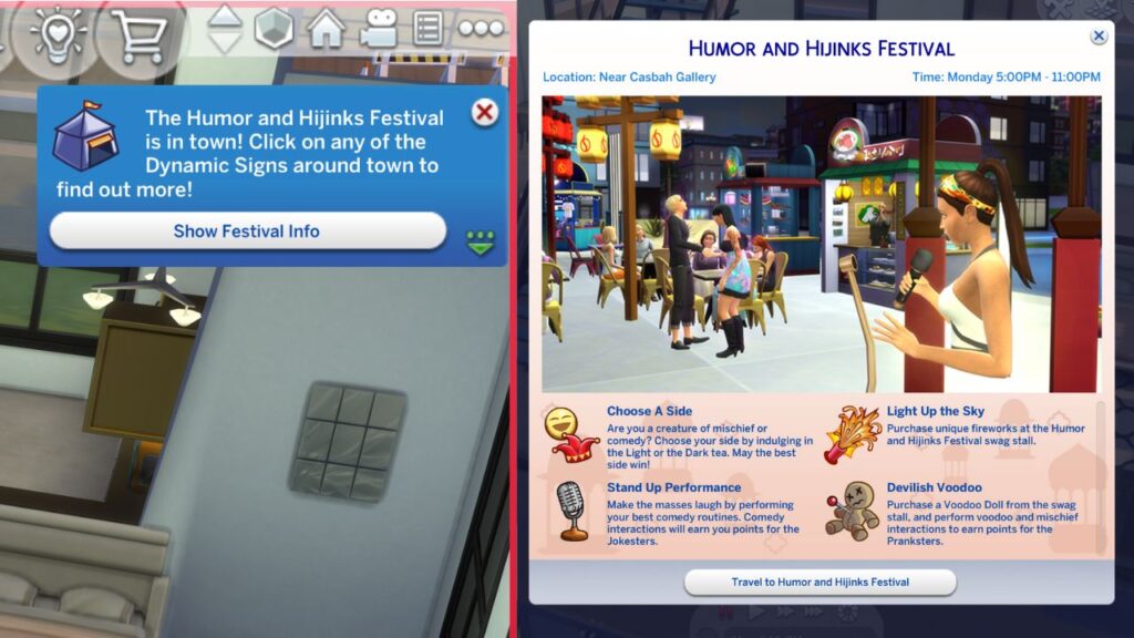 A screenshot from The Sims 4 showing information about the humor and hijinks festival