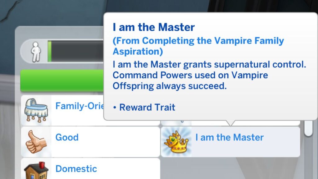 A screenshot of the I Am The Master reward trait from the vampire family aspiration