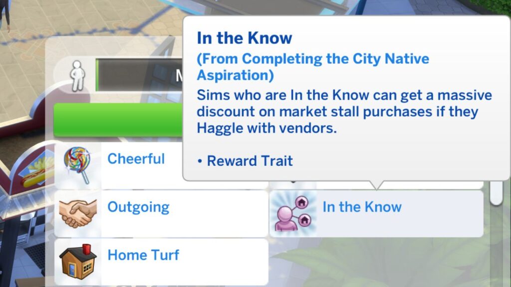 A screenshot from The Sims 4 showing the In The Know reward trait from the city native aspiration