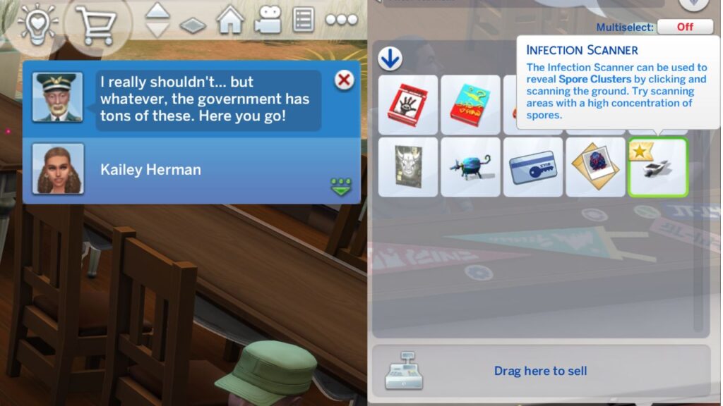 A screenshot from The Sims 4 showing the Infection Scanner in a sim's inventory 