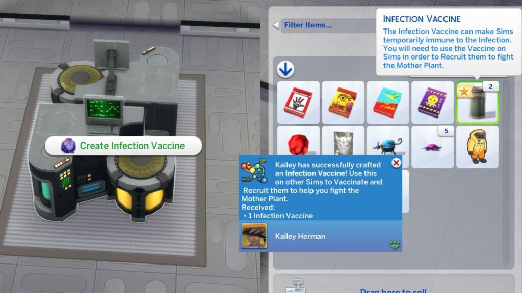 A screenshot from The Sims 4 showing how to create an infection vaccine 