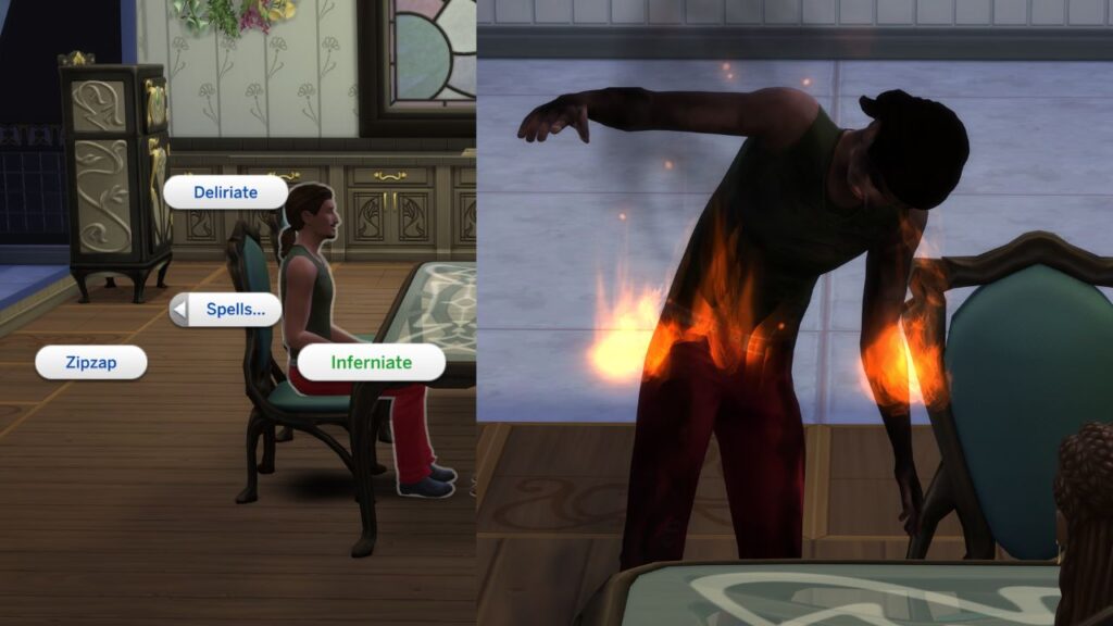 A screenshot from The Sims 4 showing using the inferniate spell on a sim and the sim on fire
