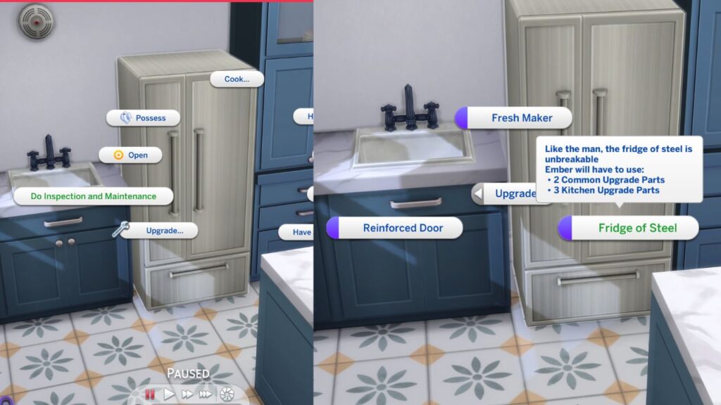 A screenshot from The Sims 4 showing options to improve maintenance for rentals on a fridge