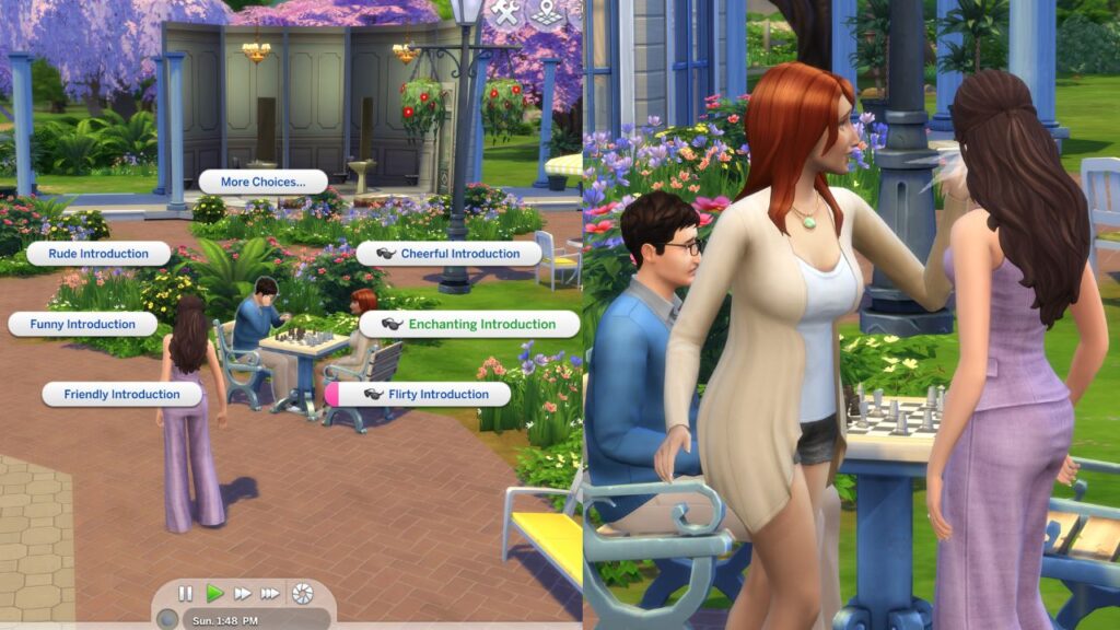 A screenshot of a sim doing an enchanting introduction with a sim then getting slapped by their partner for cheating as a villainous valentine for the aspiration