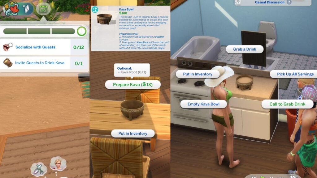A screenshot from The Sims 4 showing things you should do during a kava party to get gold
