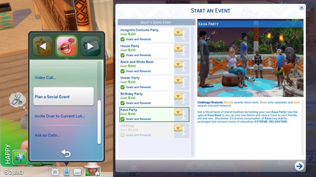 A screenshot from The Sims 4 showing the plan social event option on a phone and the start an event page for a kava party