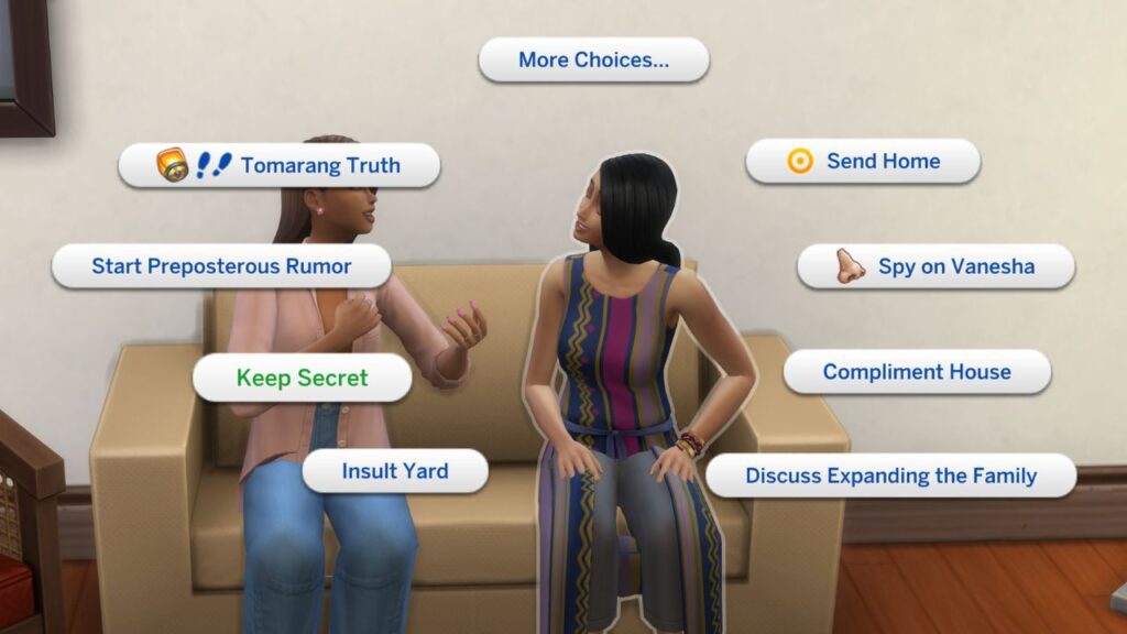 A screenshot from the sims 4 showing two sims chatting on a couch with the social menu open and keep secret highlighted 