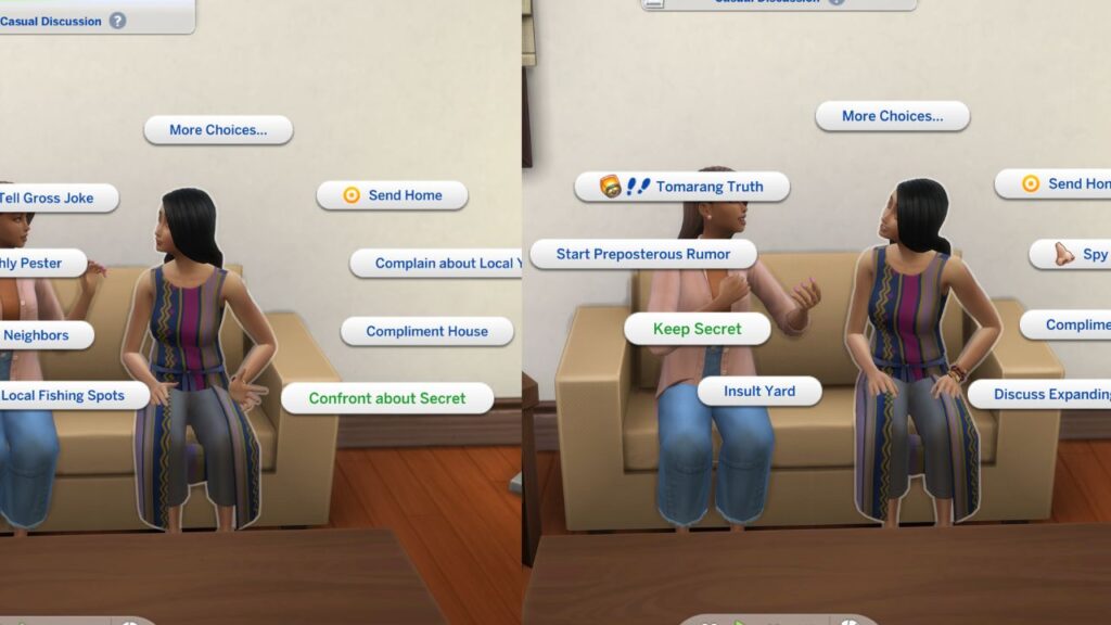 A screenshot from The Sims 4 showing how to keep a secret for a sim