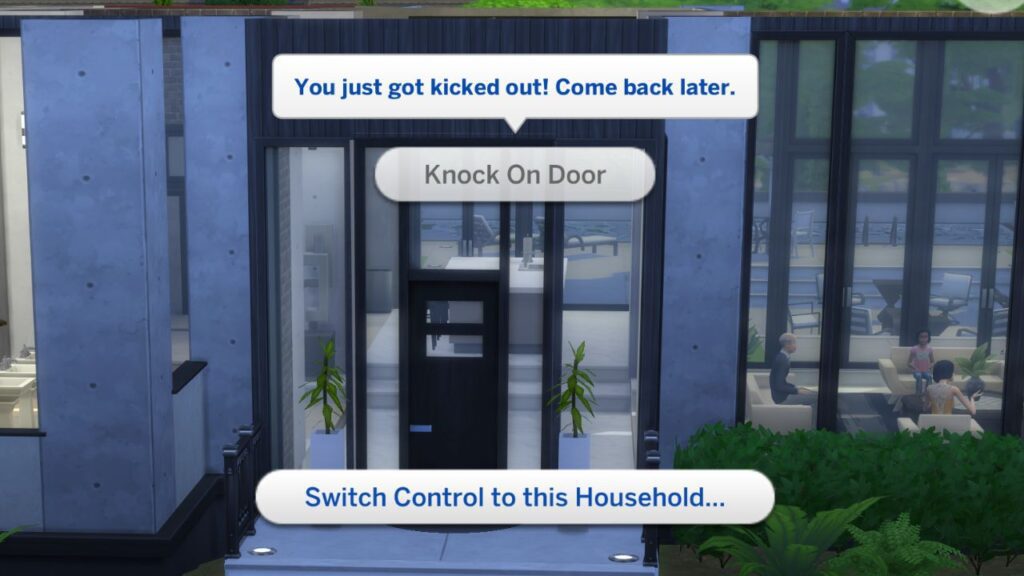 A screenshot from The Sims 4 showing a sim not being able to knock on a door because they got kicked out