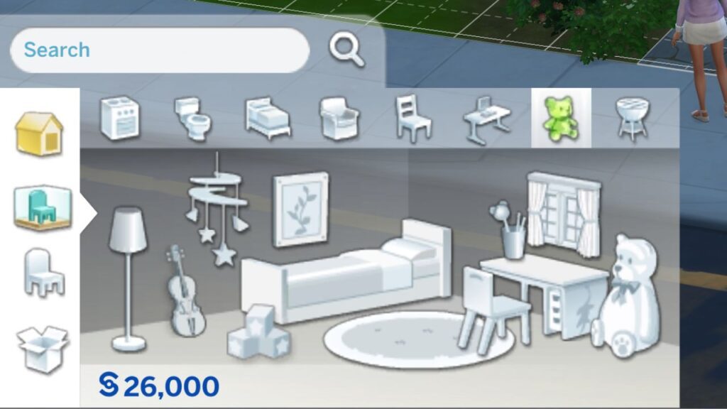 A screenshot from The Sims 4 showing the children's furniture panel in build mode