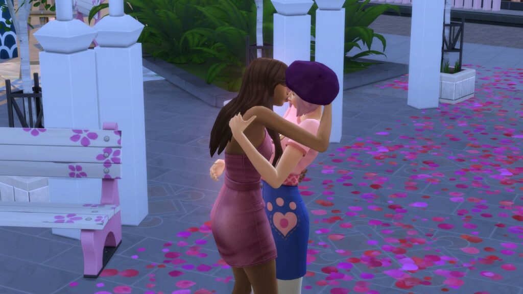 A screenshot from The Sims 4 showing two sims kissing at the romance festival