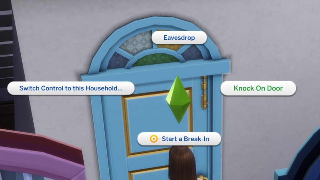 A screenshot from The Sims 4 showing the option to knock on door at a neighbours house