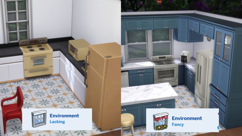 A screenshot from The Sims 4 showing a kitchen with lacking environment vs a kitchen with fancy environment
