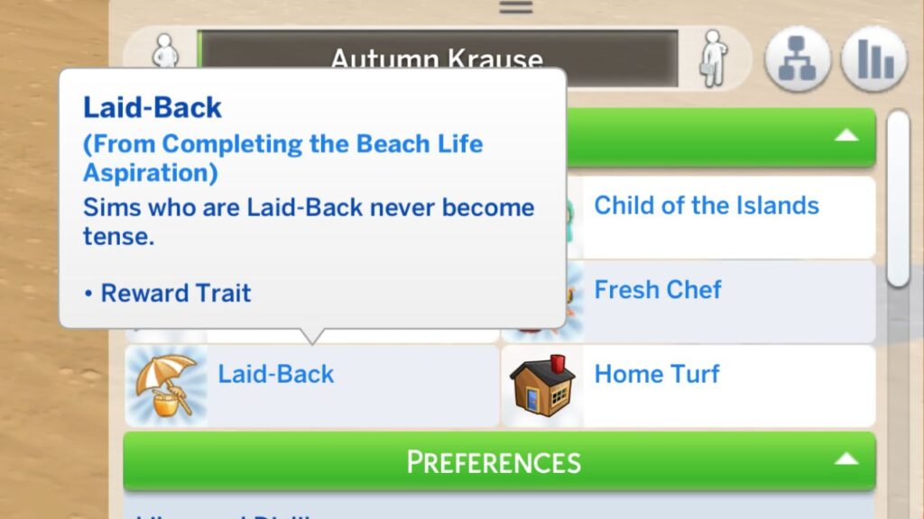 A screenshot from The Sims 4 showing the laid-back reward trait from the beach life aspiration