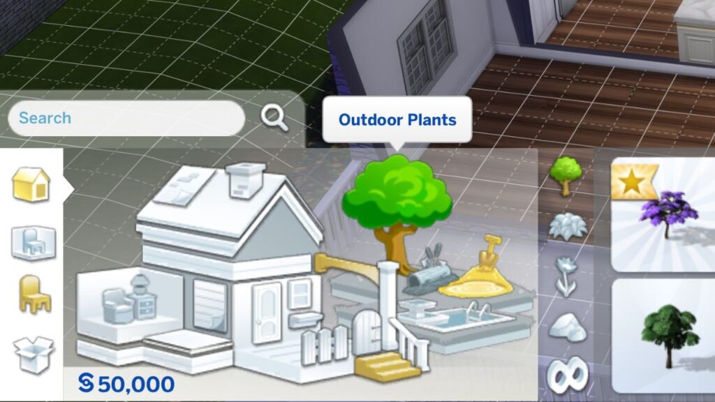A screenshot from The Sims 4 showing where to find landscaping in build mode