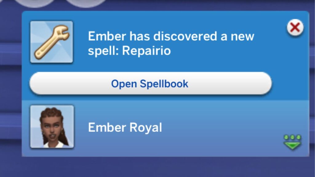 A screenshot from The Sims 4 showing a notification a sim gets when they learn a spell for the spellcraft and sorcery aspiration