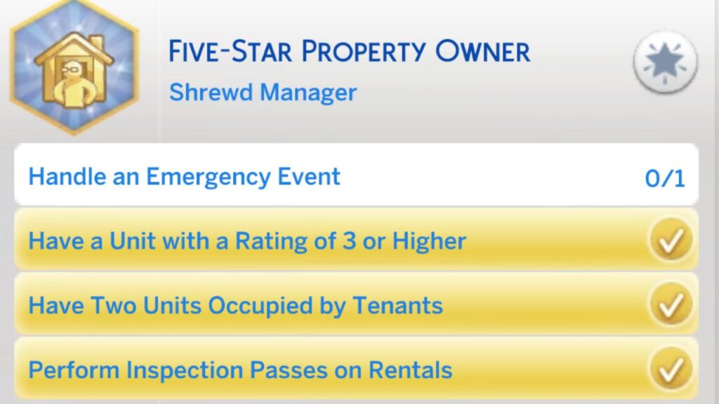 A screenshot from The Sims 4 showing the second stage of the five star property owner aspiration