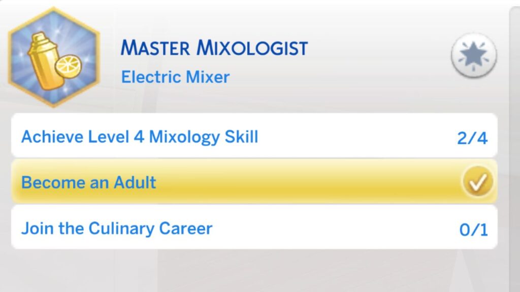 A screenshot from The Sims 4 showing the second level of the master mixologist aspiration