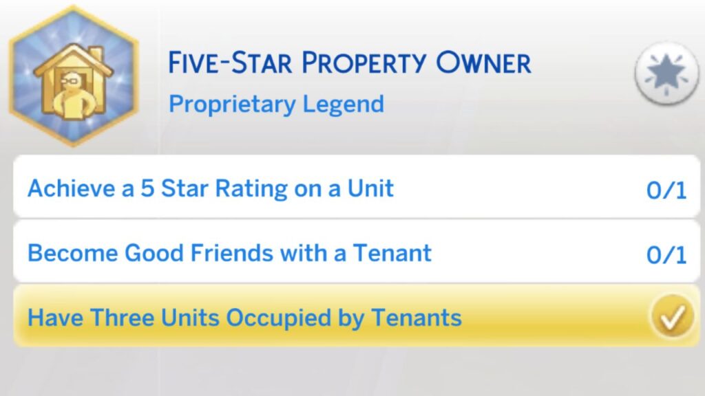 A screenshot from The Sims 4 showing the third stage of the five star property manager aspiration