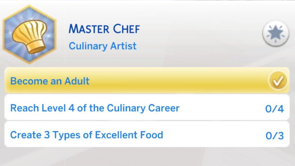 A screenshot from The Sims 4 showing the third level of the master chef aspiration