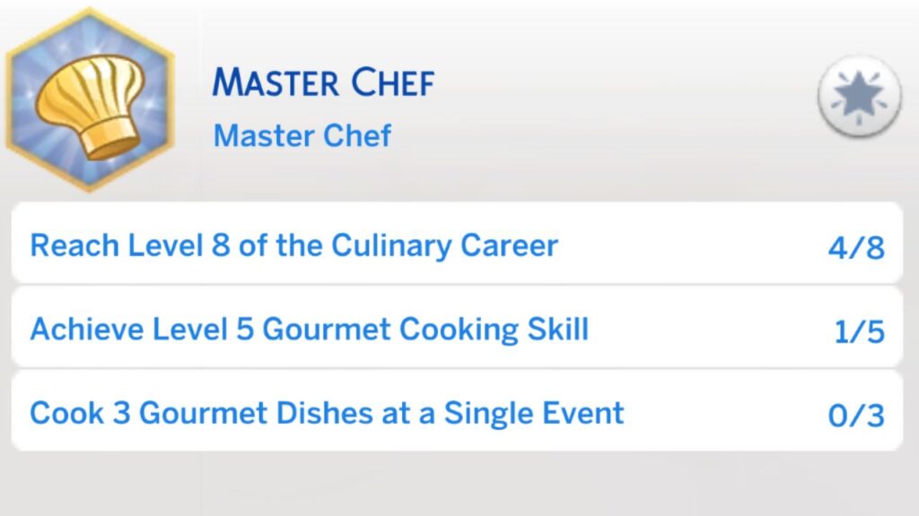 A screenshot from The Sims 4 showing the fourth level of the master chef aspiration