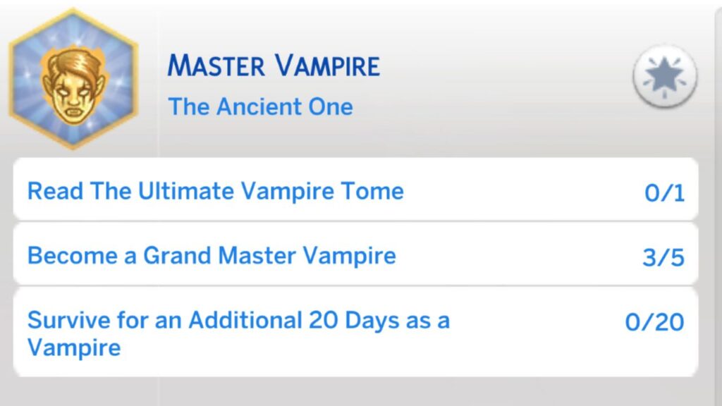 A screenshot from The Sims 4 showing the fourth stage of the master vampire aspiration 