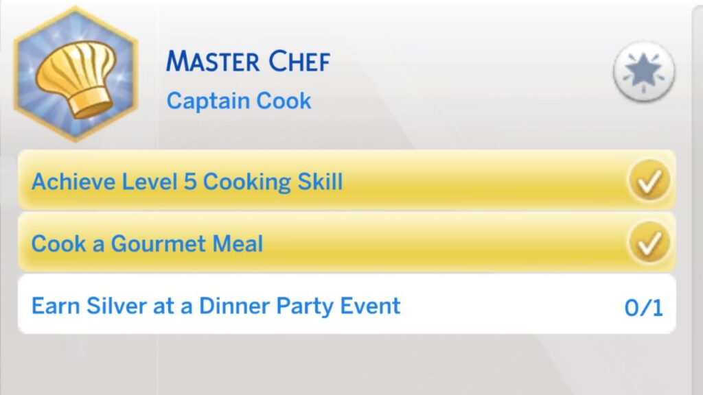 A screenshot from The Sims 4 showing the second level of the master chef aspiration