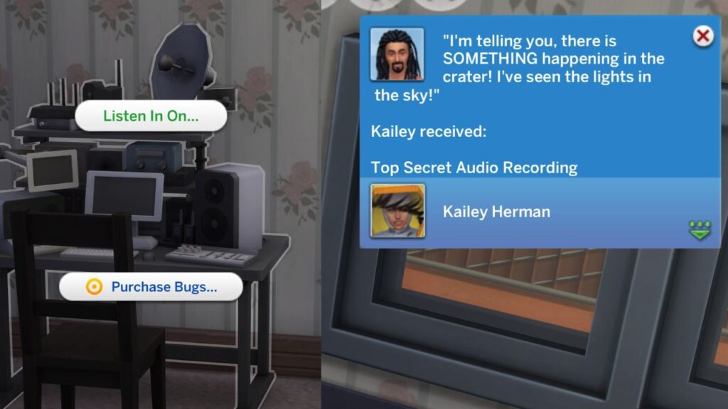 A screenshot from The Sims 4 showing how to listen in on sims with the listening device and a notification getting evidence 