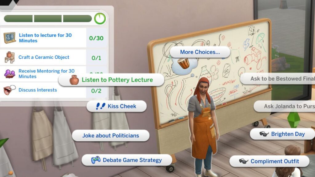 A screenshot from The Sims 4 showing how to listen to lecture for pottery