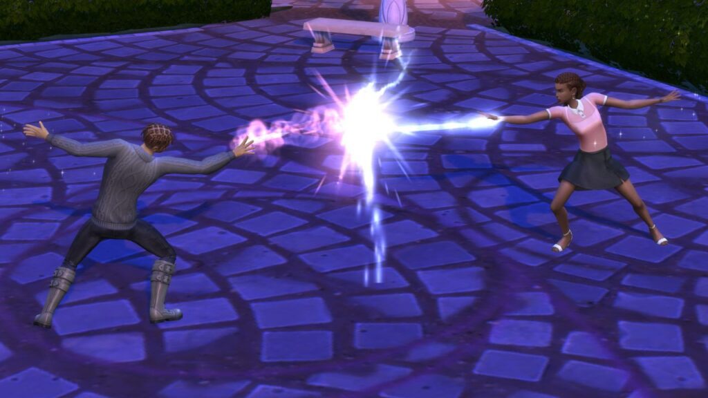 A screenshot from The Sims 4 showing two sims doing a magic duel in the magic realm