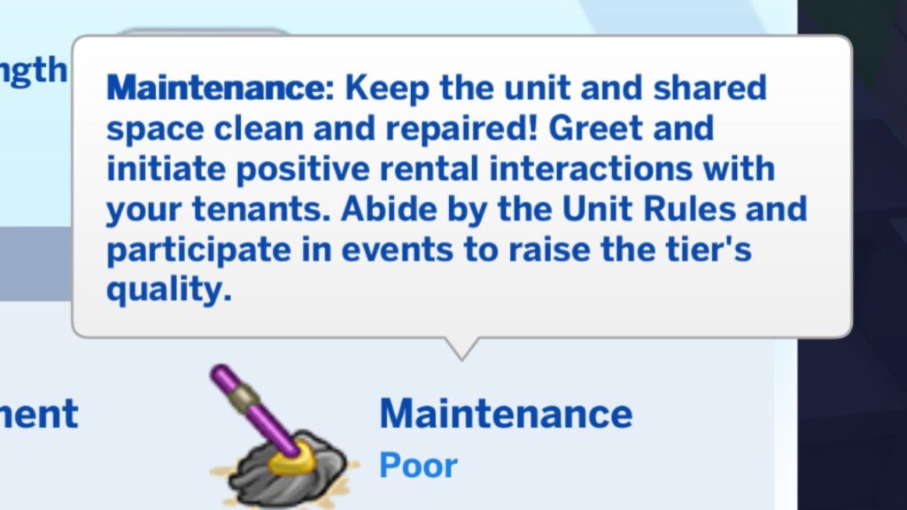 A screenshot from The Sims 4 showing the maintenance description for rentals