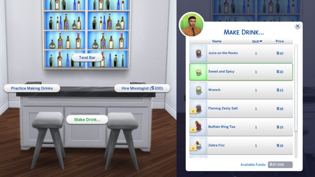 A screenshot from The Sims 4 showing how to make drinks and the drink menu