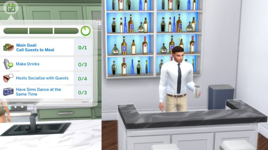 A screenshot from The Sims 4 showing a sim making drinks at a social event