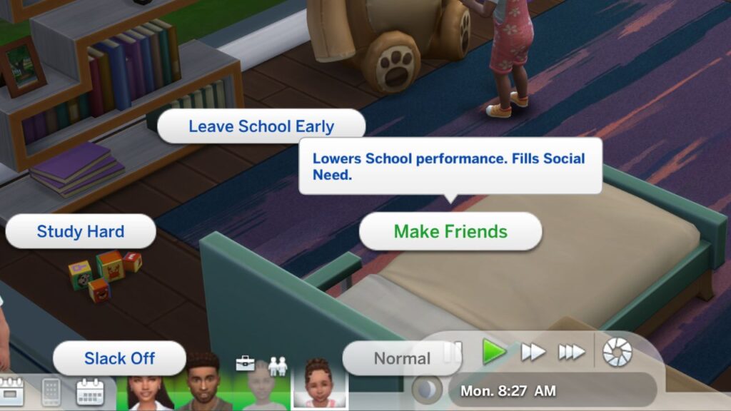 A screenshot from the sims 4 showing how to get kids to make friends at school