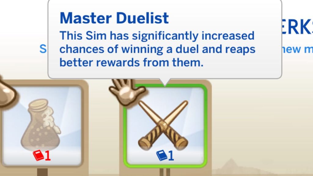 A screenshot from The Sims 4 showing the master duelist spellcaster perk