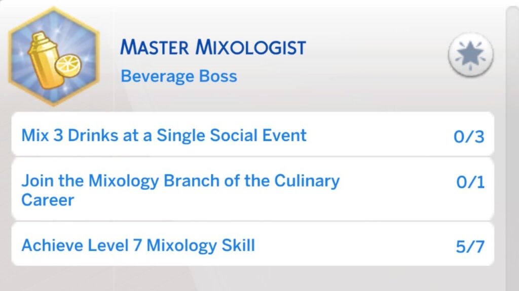 A screenshot from The Sims 4 showing the third stage of the master mixologist aspiration