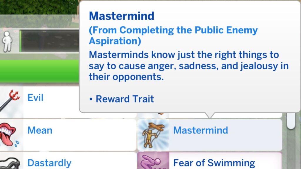 A screenshot from The Sims 4 of the mastermind reward trait from the public enemy aspiration 