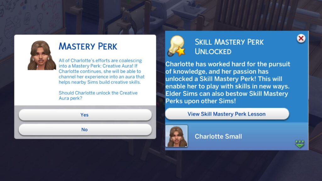 A screenshot from The Sims 4 showing a sim gaining a mastery perk