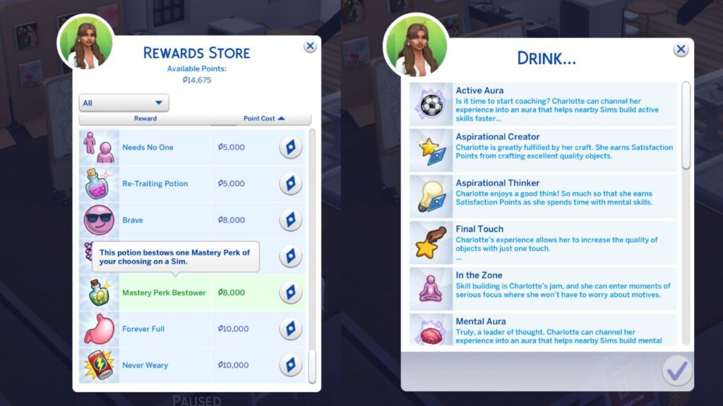 A screenshot from The Sims 4 showing how to buy a mastery perk potion