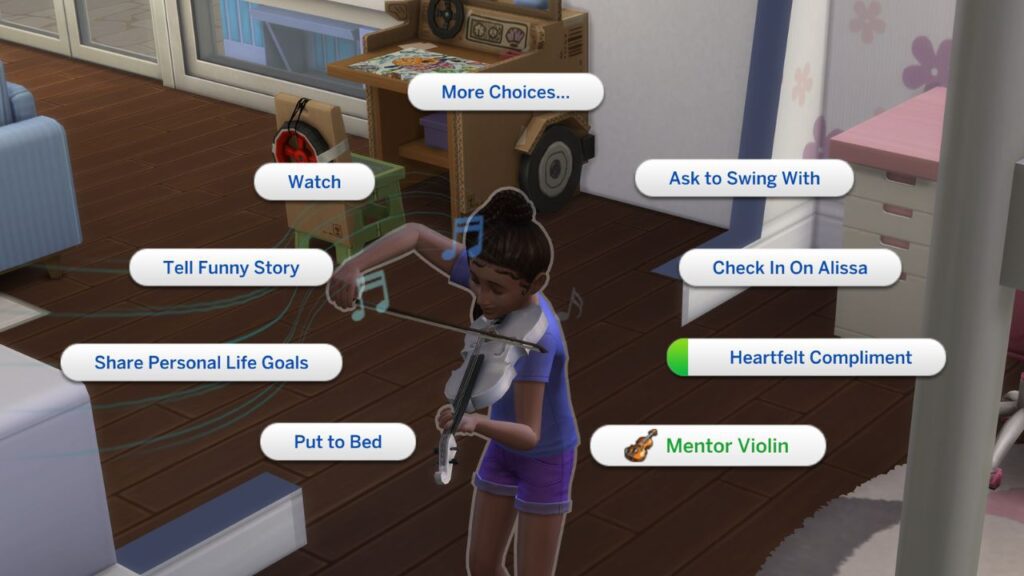 A screenshot from The Sims 4 showing how to mentor your child in violin
