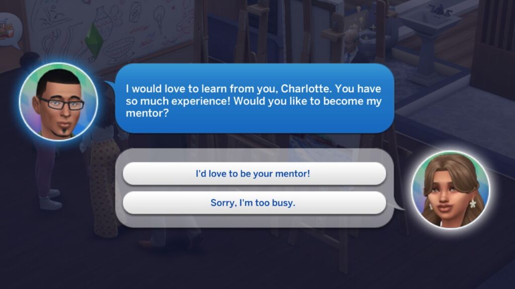 A screenshot from The Sims 4 showing a phone call asking to be my sim's mentor