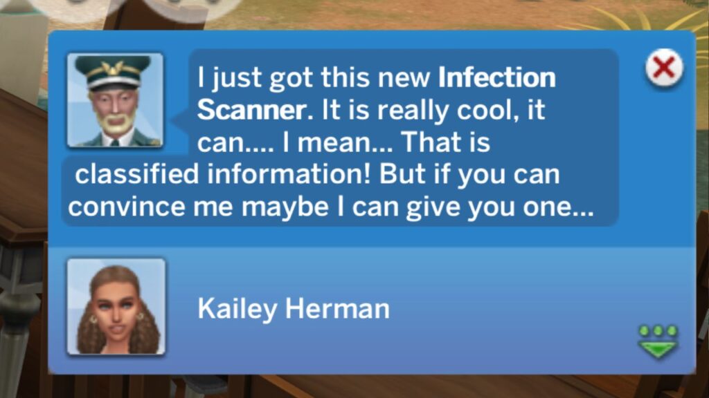 A screenshot from The Sims 4 showing the notification about infection scanners in the sims 4 