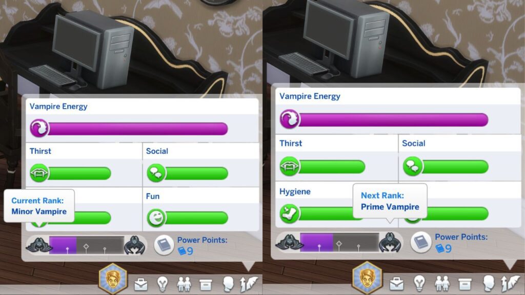 A screenshot from The Sims 4 showing the current rank of minor vampire and next rank of prime vampire 