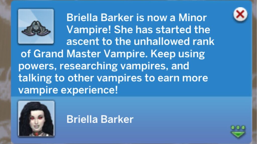A screenshot from The Sims 4 showing the notification a sim gets when they come a minor vampire 