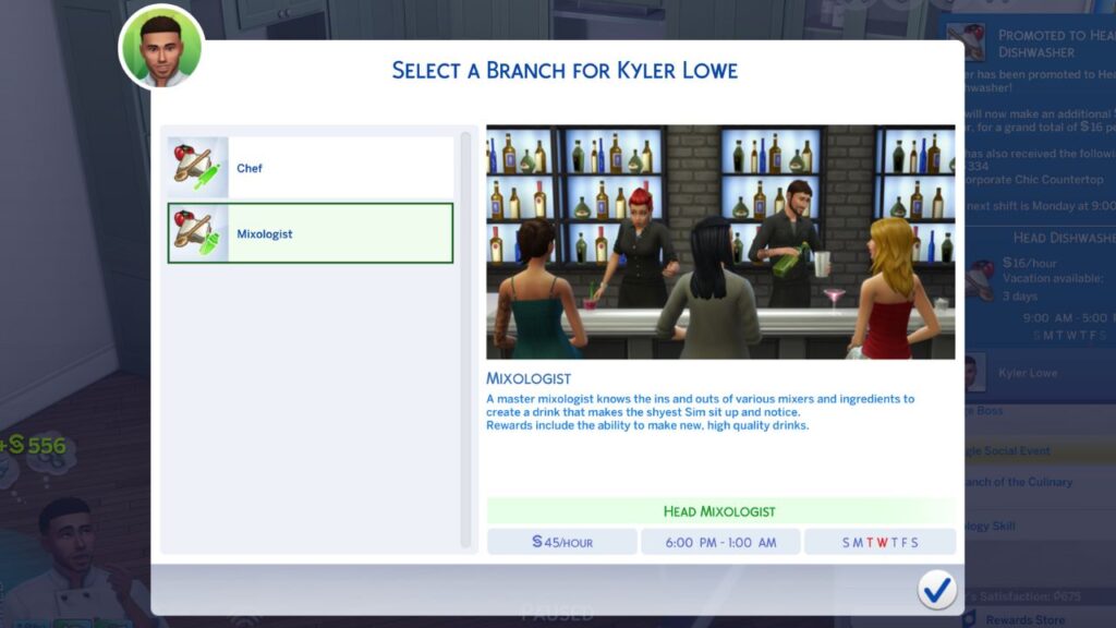 A screenshot from The Sims 4 showing the mixologist branch of the culinary career