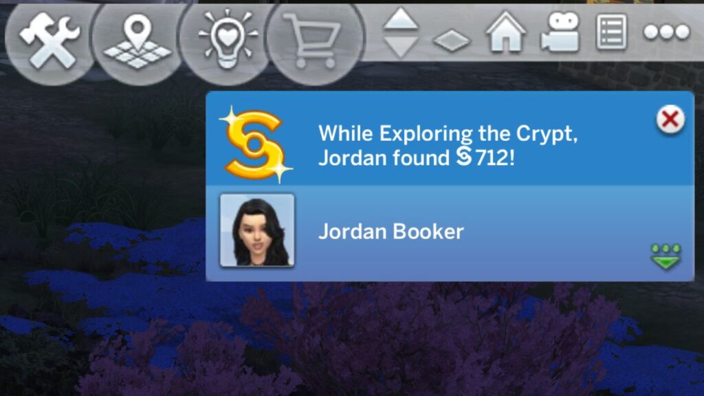 A screenshot from The Sims 4 showing a sim finding money in the crypt