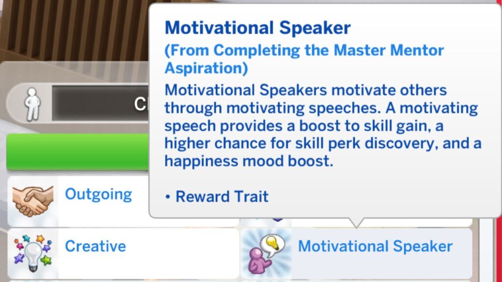 A screenshot from The Sims 4 showing the motivational speaker reward trait