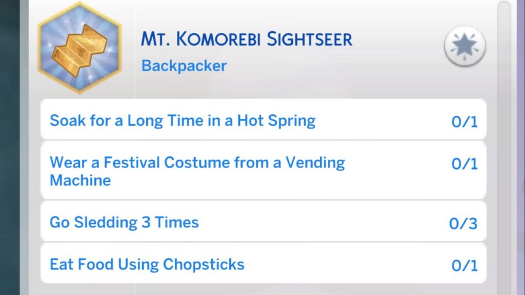 A screenshot from The Sims 4 showing the second stage of the mt komorebi sightseer aspiration