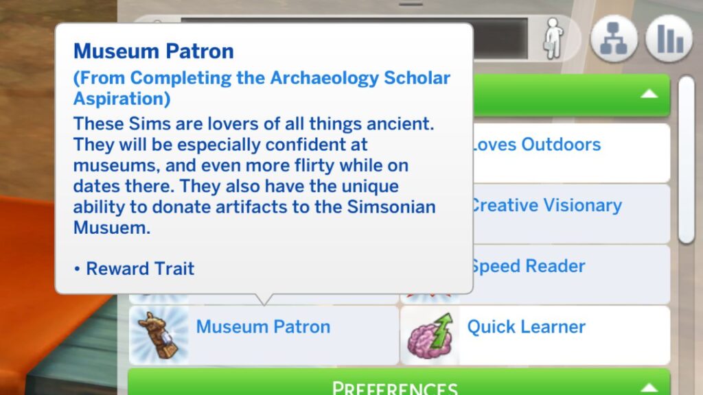 A screenshot from The Sims 4 showing the museum patron reward trait you get from the archaeology scholar aspiration