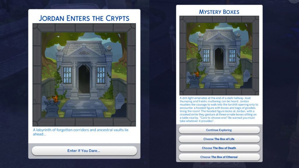 A screenshot from The Sims 4 showing the action cards from exploring crypts